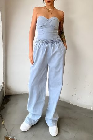 Quick Outfits, Modest Fashion Outfits Ideas Denim Top & Pants Two Piece Set