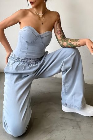 Quick Outfits, Modest Fashion Outfits Ideas Denim Top & Pants Two Piece Set