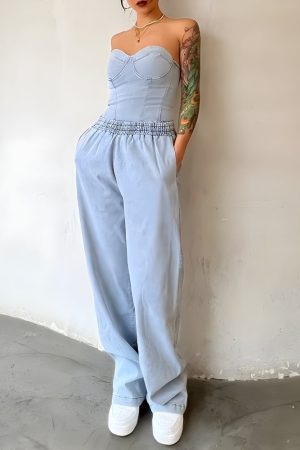 Quick Outfits, Modest Fashion Outfits Ideas Denim Top & Pants Two Piece Set
