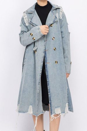 Quick Outfits, Modest Fashion Outfits Ideas Distressed Denim Trench Coat