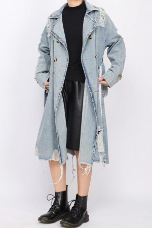Quick Outfits, Modest Fashion Outfits Ideas Distressed Denim Trench Coat