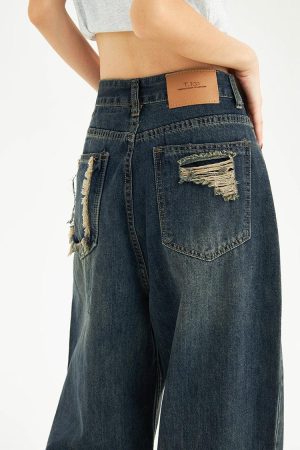 Quick Outfits, Modest Fashion Outfits Ideas Distressed Pockets Wide Leg Baggy Jeans