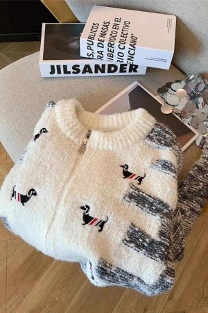 Quick Outfits, Modest Fashion Outfits Ideas Dog Embroidered Double Zip-Up Knitted Cardigan