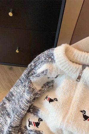 Quick Outfits, Modest Fashion Outfits Ideas Dog Embroidered Double Zip-Up Knitted Cardigan