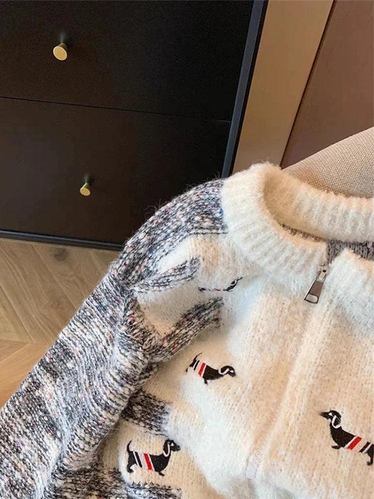 Quick Outfits, Modest Fashion Outfits Ideas Dog Embroidered Double Zip-Up Knitted Cardigan Quick Outfits, Modest Fashion Outfits Ideas Dog Embroidered Double Zip-Up Knitted Cardigan