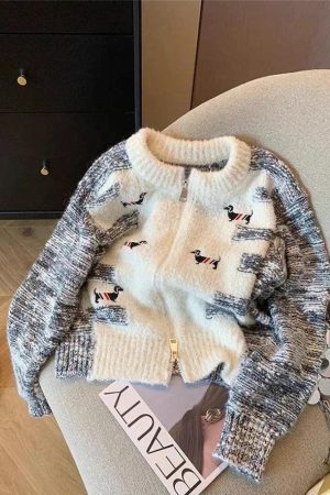 Quick Outfits, Modest Fashion Outfits Ideas Dog Embroidered Double Zip-Up Knitted Cardigan