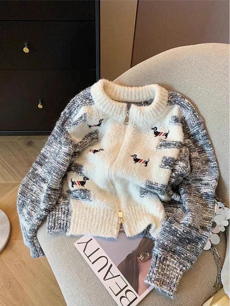 Quick Outfits, Modest Fashion Outfits Ideas Dog Embroidered Double Zip-Up Knitted Cardigan Quick Outfits, Modest Fashion Outfits Ideas Dog Embroidered Double Zip-Up Knitted Cardigan