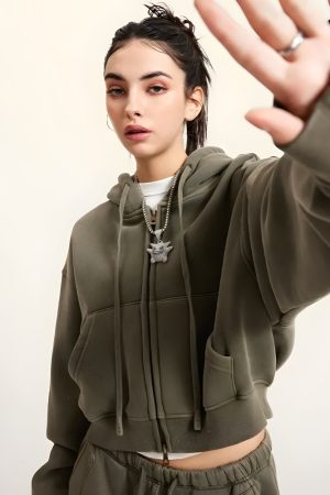 Quick Outfits, Modest Fashion Outfits Ideas Double Zip-Up Cropped Hoodie