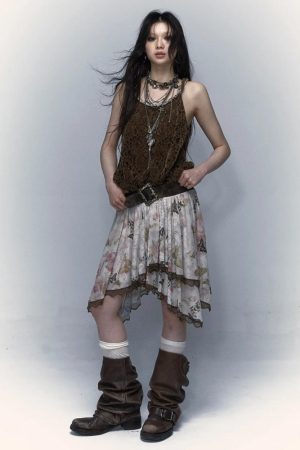 Quick Outfits, Modest Fashion Outfits Ideas Fairy Grunge Floral Asymmetric Midi Skirt