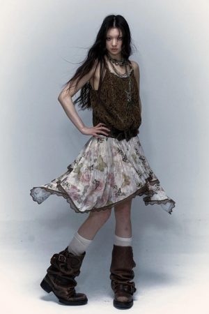 Quick Outfits, Modest Fashion Outfits Ideas Fairy Grunge Floral Asymmetric Midi Skirt