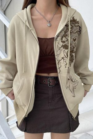 Quick Outfits, Modest Fashion Outfits Ideas Fairy Grunge Floral Zip-Up Hoodie