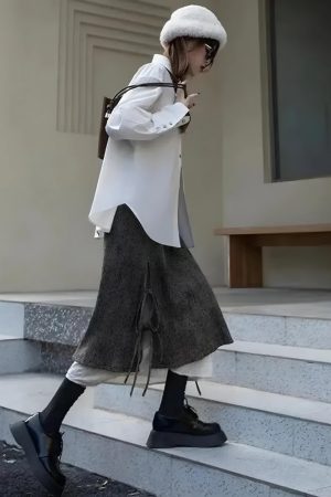 Quick Outfits, Modest Fashion Outfits Ideas Fairy Grunge Lace Up Midi Skirt