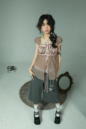 Quick Outfits, Modest Fashion Outfits Ideas Fairy Grunge Sheer Ruched Top