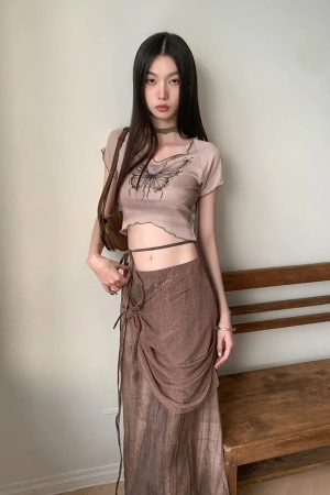 Quick Outfits, Modest Fashion Outfits Ideas Fairycore Butterfly Crop Top & Maxi Skirt Two Piece Set