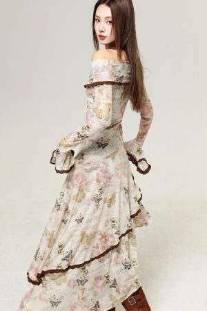 Quick Outfits, Modest Fashion Outfits Ideas Fairycore Butterfly Off Shoulder Midi Dress