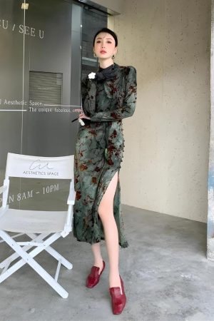 Quick Outfits, Modest Fashion Outfits Ideas Fairycore Floral Slit Qipao Mini Dress