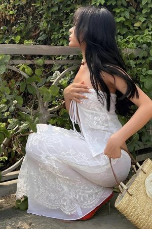 Quick Outfits, Modest Fashion Outfits Ideas Fairycore Lace Strapless Top & Maxi Skirt Two Piece Set