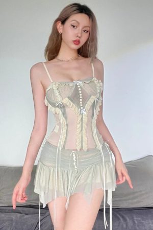 Quick Outfits, Modest Fashion Outfits Ideas Fairycore Mesh Ruffled Top & Mini Skirt Two Piece Set