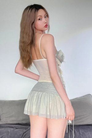 Quick Outfits, Modest Fashion Outfits Ideas Fairycore Mesh Ruffled Top & Mini Skirt Two Piece Set