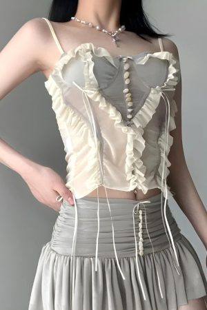 Quick Outfits, Modest Fashion Outfits Ideas Fairycore Ruffled Mesh Corset Top
