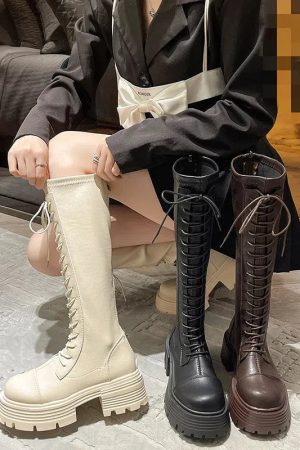 Quick Outfits, Modest Fashion Outfits Ideas Faux Leather Knee High Lace Up Boots