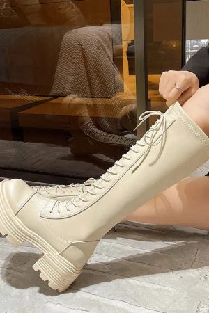 Quick Outfits, Modest Fashion Outfits Ideas Faux Leather Knee High Lace Up Boots