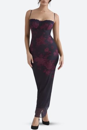 Quick Outfits, Modest Fashion Outfits Ideas Floral Bodycon Lace Up Mesh Maxi Dress