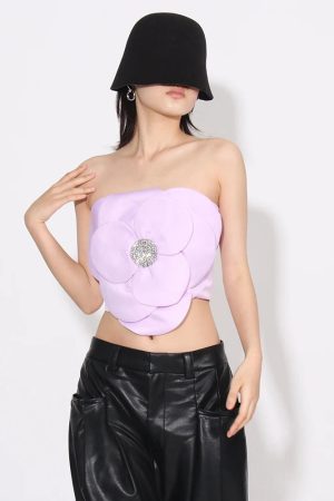 Quick Outfits, Modest Fashion Outfits Ideas Flower Rhinestone Zip-Up Strapless Top