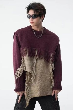 Quick Outfits, Modest Fashion Outfits Ideas Fringe Patchwork Knitted Sweater