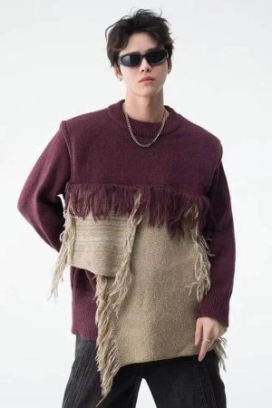 Quick Outfits, Modest Fashion Outfits Ideas Fringe Patchwork Knitted Sweater