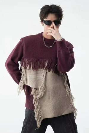 Quick Outfits, Modest Fashion Outfits Ideas Fringe Patchwork Knitted Sweater