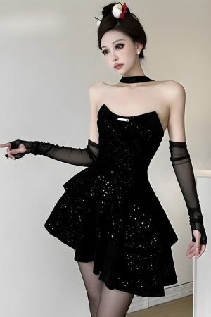 Quick Outfits, Modest Fashion Outfits Ideas Glitter Asymmetric Mini Dress