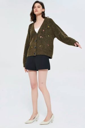 Quick Outfits, Modest Fashion Outfits Ideas Goblincore Leaf Embroidery Cardigan