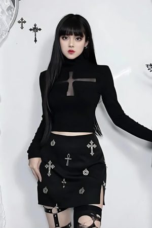 Quick Outfits, Modest Fashion Outfits Ideas Goth Cross Cut Out Top