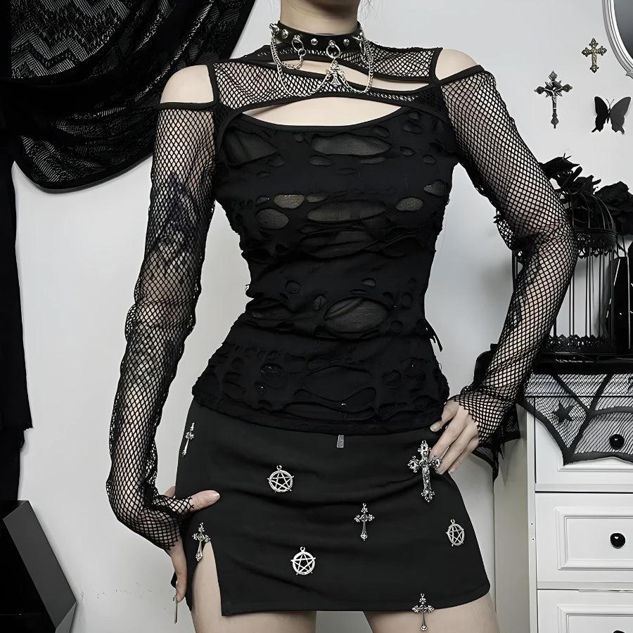 Quick Outfits, Modest Fashion Outfits Ideas Goth Fishnet Ripped Top Quick Outfits, Modest Fashion Outfits Ideas Goth Fishnet Ripped Top