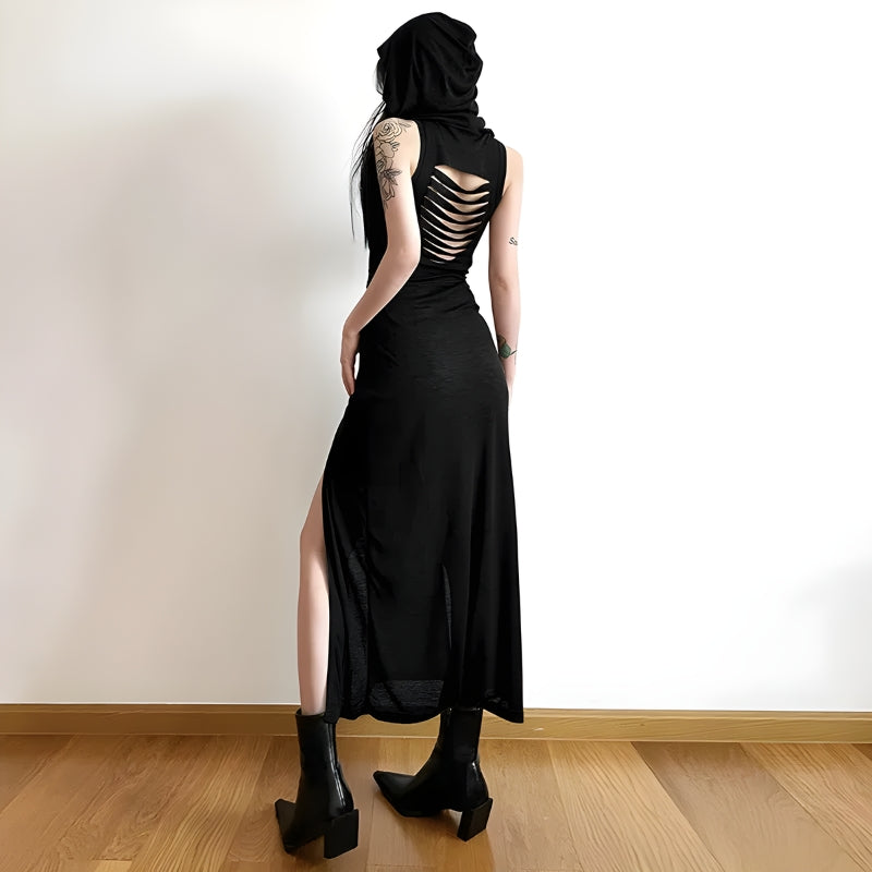 Quick Outfits, Modest Fashion Outfits Ideas Goth Hooded Cut Out Back Midi Dress Quick Outfits, Modest Fashion Outfits Ideas Goth Hooded Cut Out Back Midi Dress