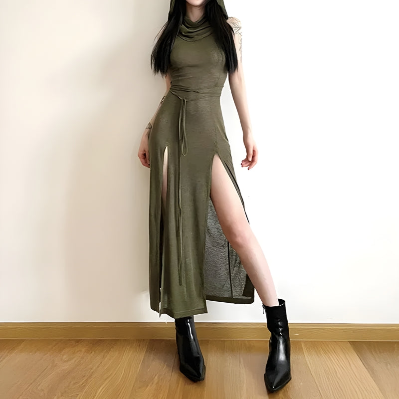 Quick Outfits, Modest Fashion Outfits Ideas Goth Hooded Cut Out Back Midi Dress Quick Outfits, Modest Fashion Outfits Ideas Goth Hooded Cut Out Back Midi Dress
