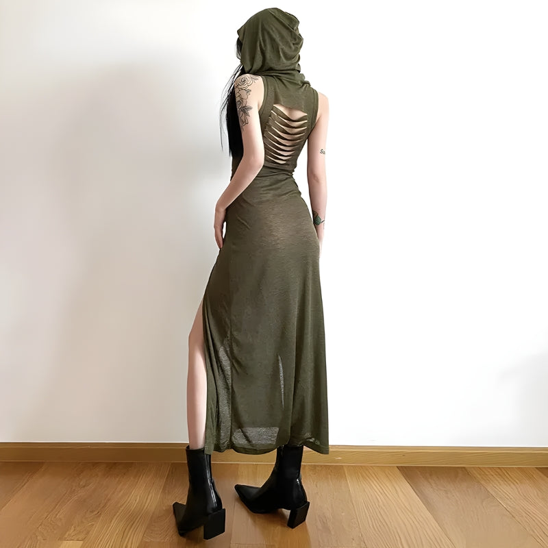 Quick Outfits, Modest Fashion Outfits Ideas Goth Hooded Cut Out Back Midi Dress Quick Outfits, Modest Fashion Outfits Ideas Goth Hooded Cut Out Back Midi Dress