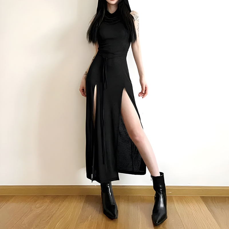 Quick Outfits, Modest Fashion Outfits Ideas Goth Hooded Cut Out Back Midi Dress Quick Outfits, Modest Fashion Outfits Ideas Goth Hooded Cut Out Back Midi Dress