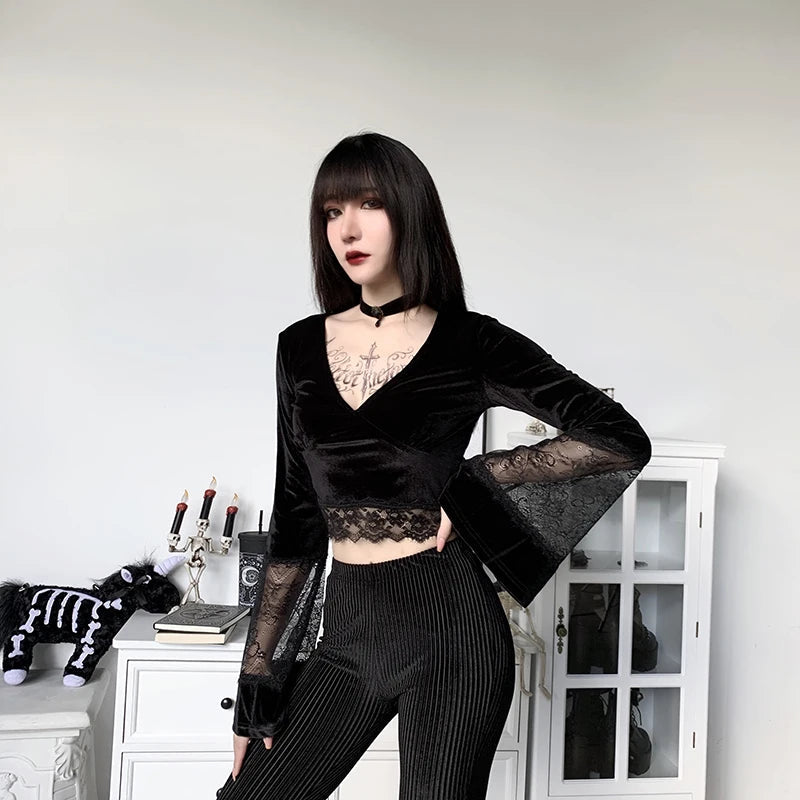 Quick Outfits, Modest Fashion Outfits Ideas Goth Lace Flare Cuffs Crop Top Quick Outfits, Modest Fashion Outfits Ideas Goth Lace Flare Cuffs Crop Top