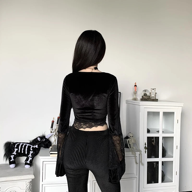 Quick Outfits, Modest Fashion Outfits Ideas Goth Lace Flare Cuffs Crop Top Quick Outfits, Modest Fashion Outfits Ideas Goth Lace Flare Cuffs Crop Top