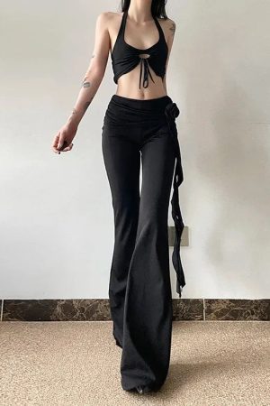 Quick Outfits, Modest Fashion Outfits Ideas Goth Ruched Flower Flare Pants