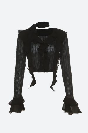 Quick Outfits, Modest Fashion Outfits Ideas Goth Sheer Ruffled Blouse