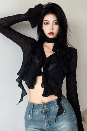 Quick Outfits, Modest Fashion Outfits Ideas Goth Sheer Ruffled Blouse