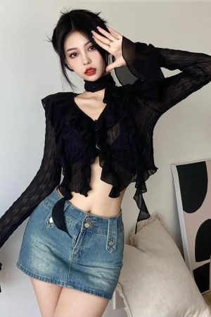Quick Outfits, Modest Fashion Outfits Ideas Goth Sheer Ruffled Blouse