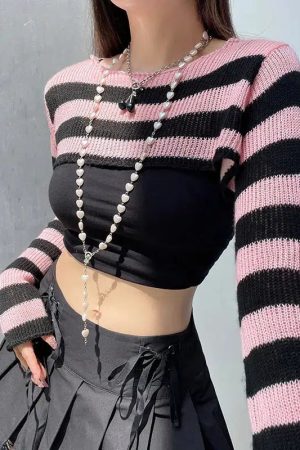 Quick Outfits, Modest Fashion Outfits Ideas Goth Striped Knitted Shrug Sweater