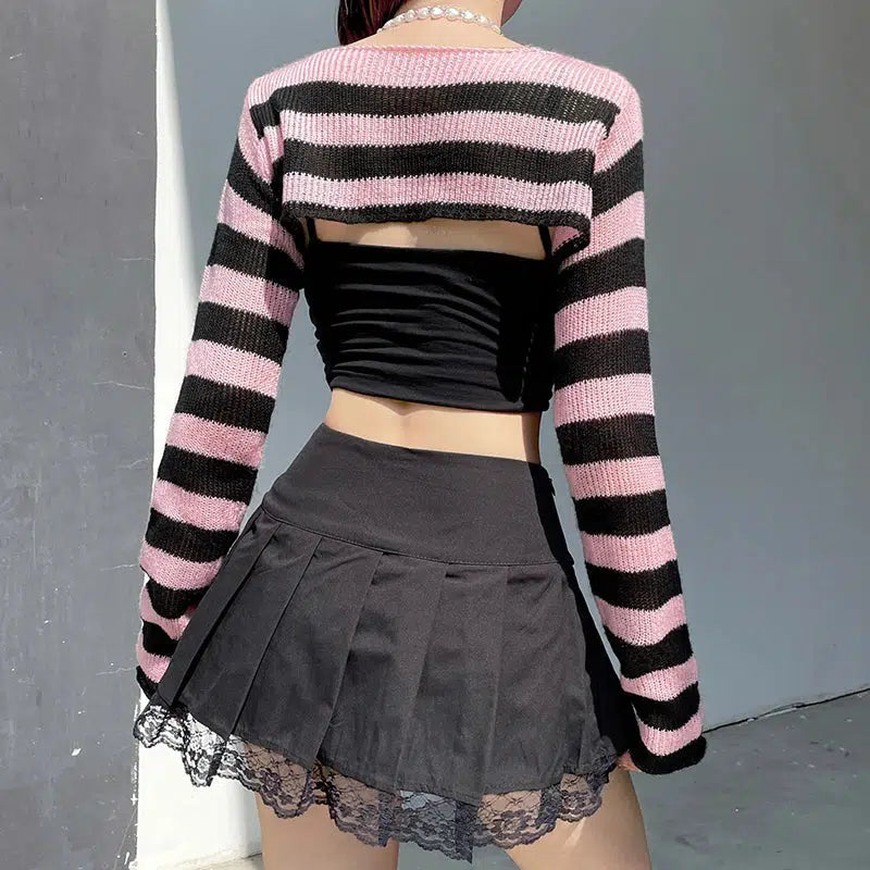 Quick Outfits, Modest Fashion Outfits Ideas Goth Striped Knitted Shrug Sweater Quick Outfits, Modest Fashion Outfits Ideas Goth Striped Knitted Shrug Sweater