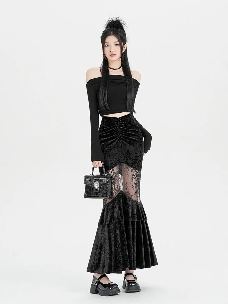 Quick Outfits, Modest Fashion Outfits Ideas Goth Velvet Lace Maxi Skirt Quick Outfits, Modest Fashion Outfits Ideas Goth Velvet Lace Maxi Skirt