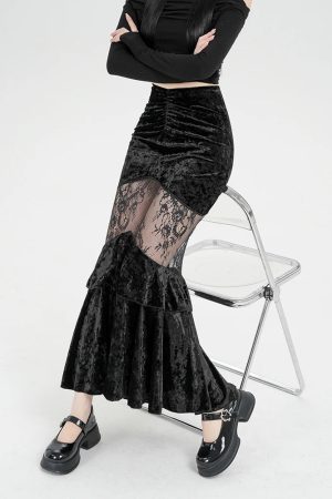 Quick Outfits, Modest Fashion Outfits Ideas Goth Velvet Lace Maxi Skirt