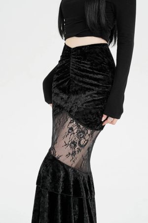 Quick Outfits, Modest Fashion Outfits Ideas Goth Velvet Lace Maxi Skirt